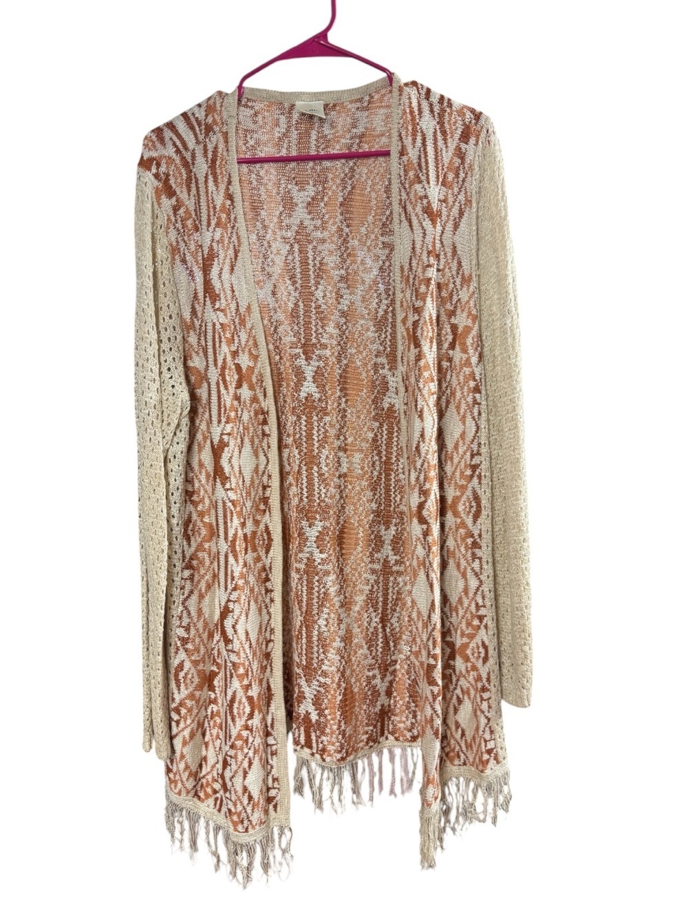 Blair Southwestern Open Front Fringe Cardigan Rust & Cream Large